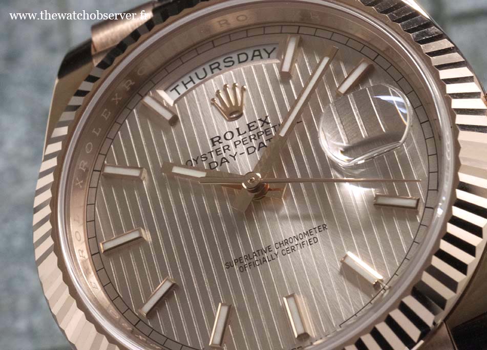 Close-up on the dial - Rolex Day-Date 40 pink gold Everose