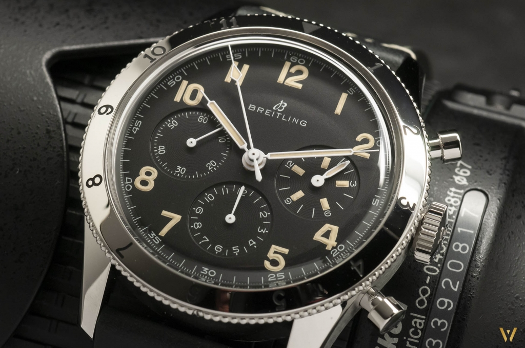 Focus on the black dial of the Breitling AVI 765 1953 Re-Edition